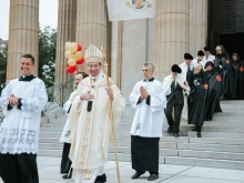 Archbishop Dennis Schnurr of Cincinnati, outside the Cathedral Basilica of St. Peter in Chains at the bicentennial Mass for the archdiocese
